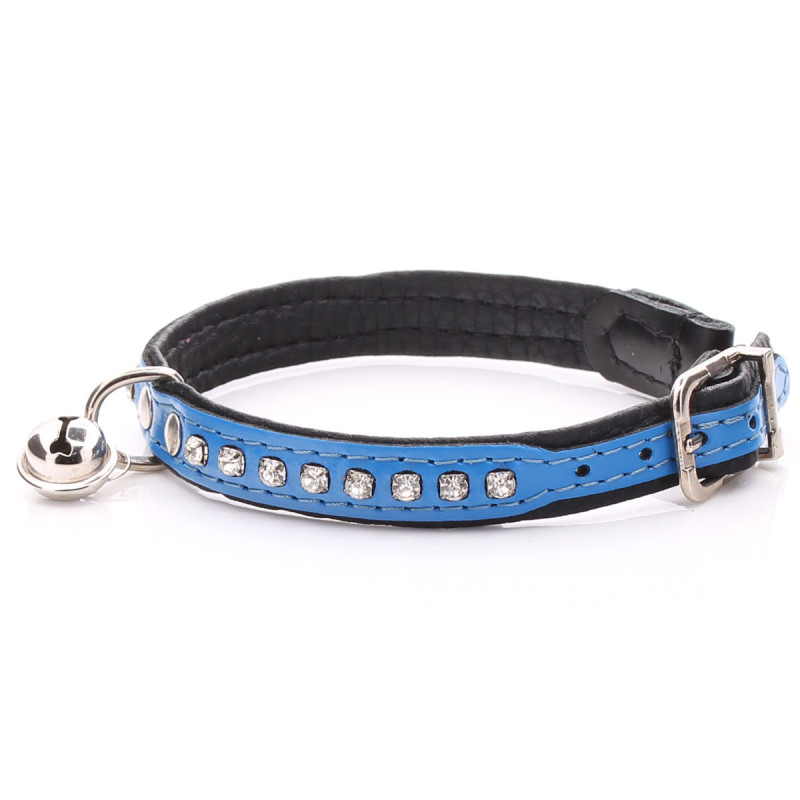 Crystalised Blue leather Cat Collar