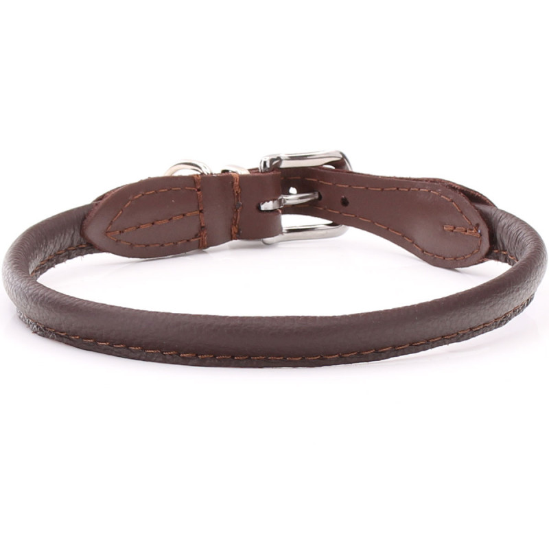Brown Rolled Leather Dog Collar for dogs with long fur