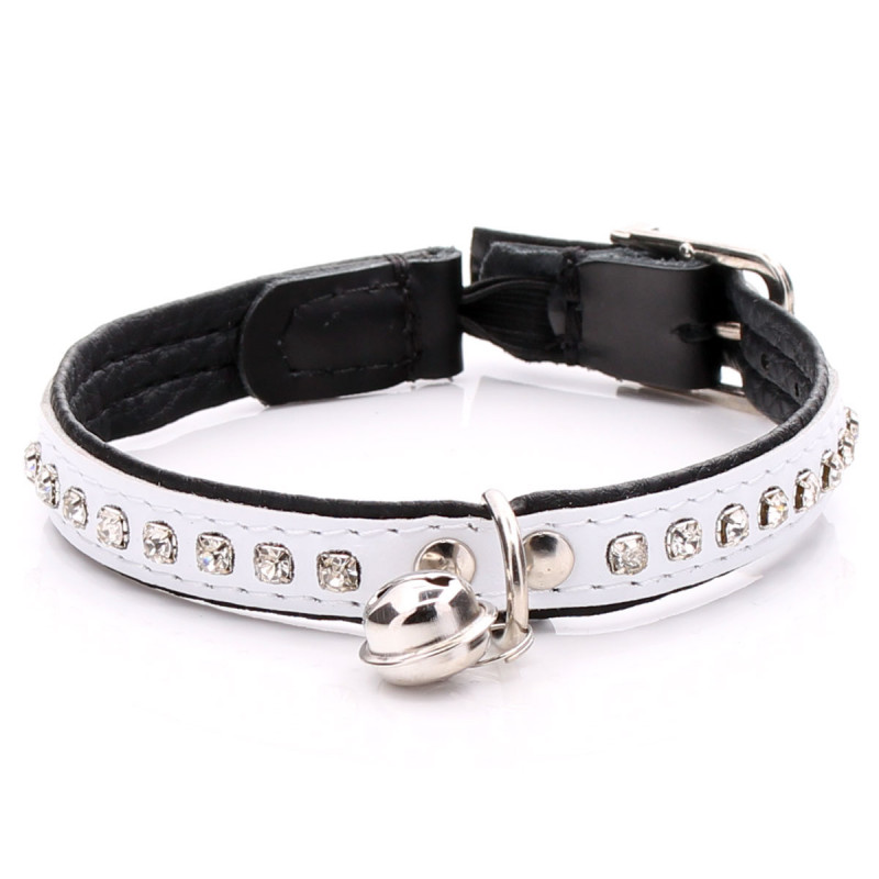 Crystalised White Leather Cat Collar with Diamantes