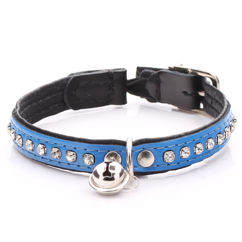 Crystalised Blue leather Cat Collar