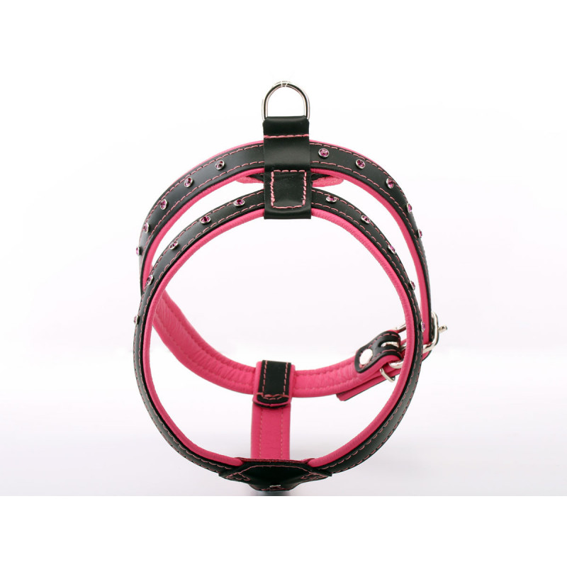 Black & Pink Diamante Leather Dog Harness
