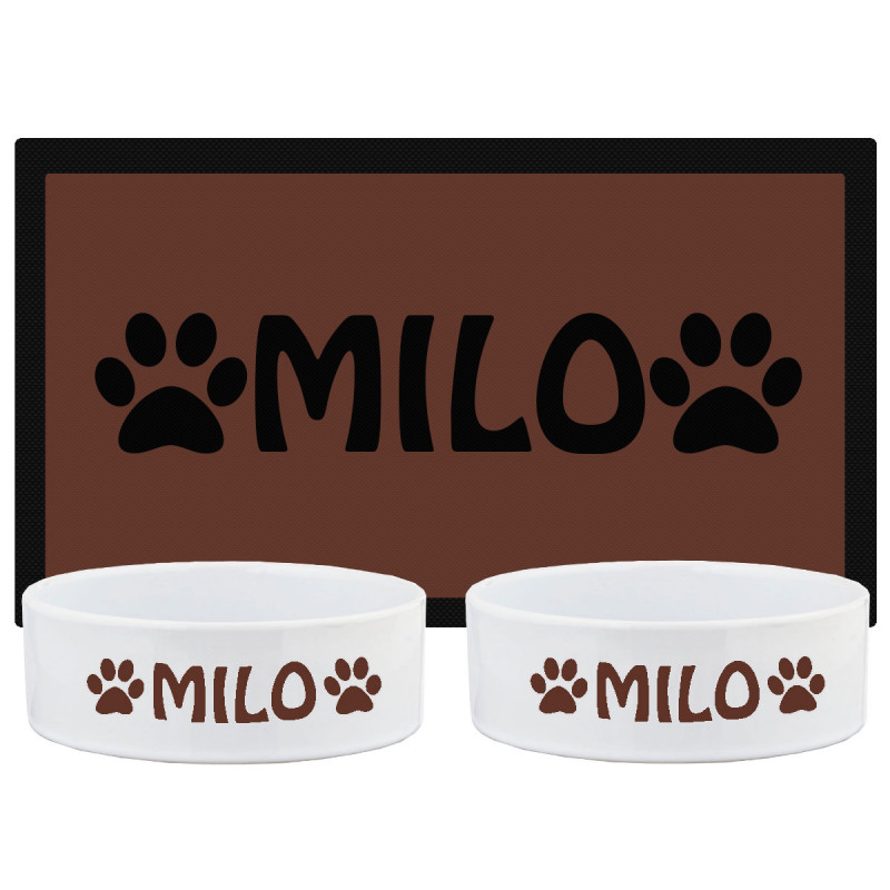 Personalised Dog Bowl & Mat Set with Paws