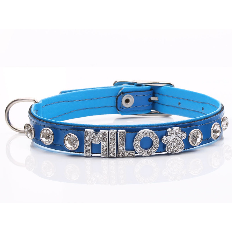Personalised Electric Blue Bling Diamante Dog Collar - Chihuahuas and