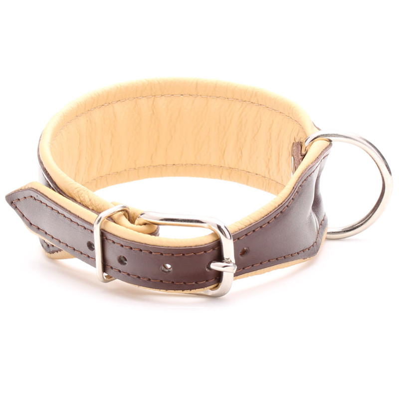 Extra Large Wide Brown Leather Dog Collar with Soft Beige Padding