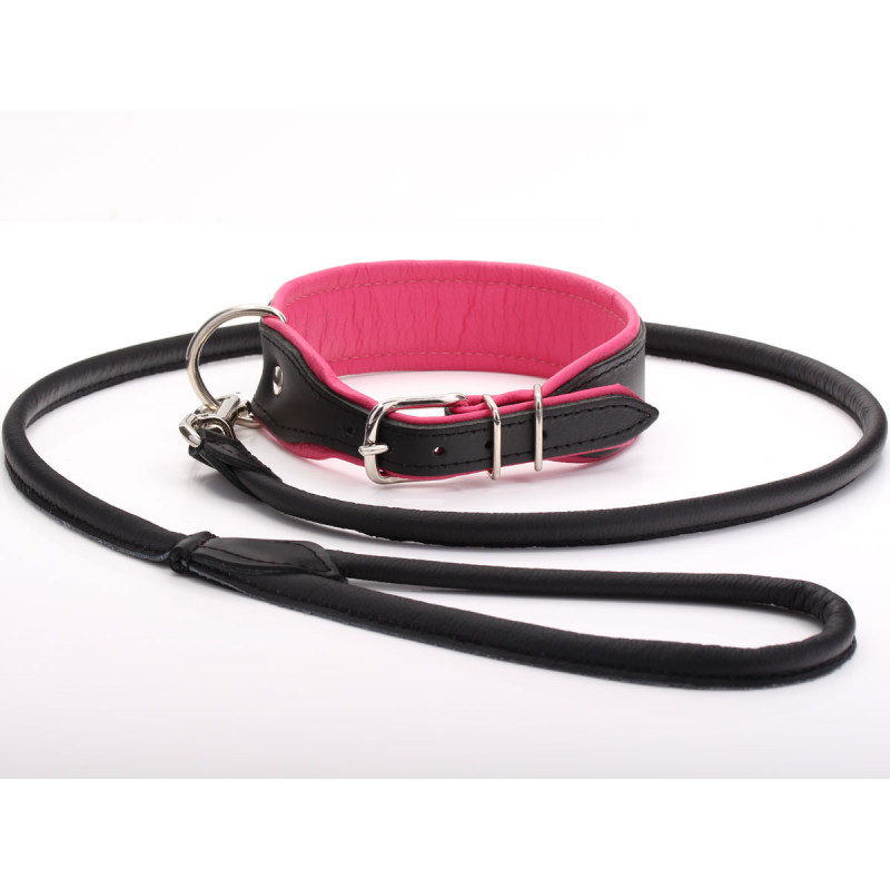 Designer Black & Pink Leather Dog Collar & Leash Set