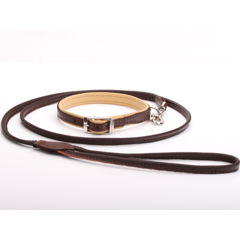 Thick Brown & Beige Leather Dog Collar & Lead Set