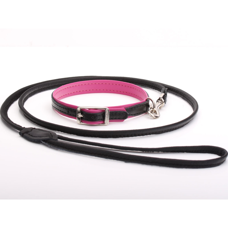 Designer Black & Pink Leather Dog Collar & Leash Set