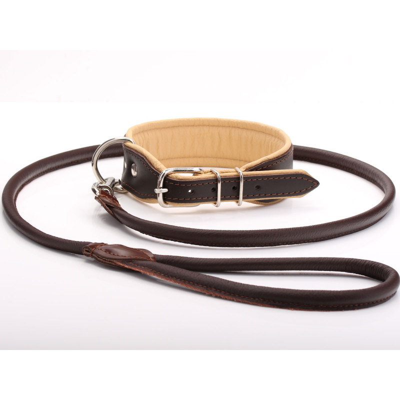 Thick Brown & Beige Leather Dog Collar & Lead Set