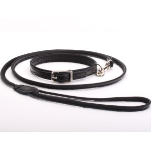 Luxury Black Leather Dog Collar Leash Set