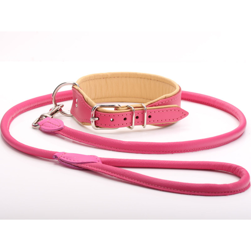 Cute Pink & Beige Leather Dog Collar Lead Set