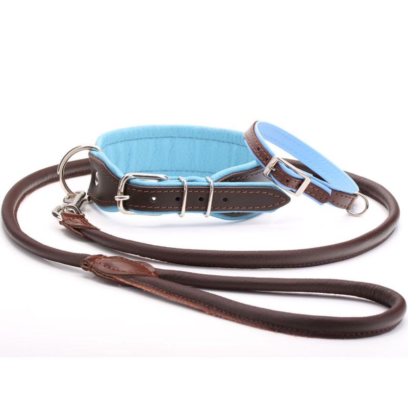 Large or Small Brown & Blue Leather Dog Collar & Lead Set