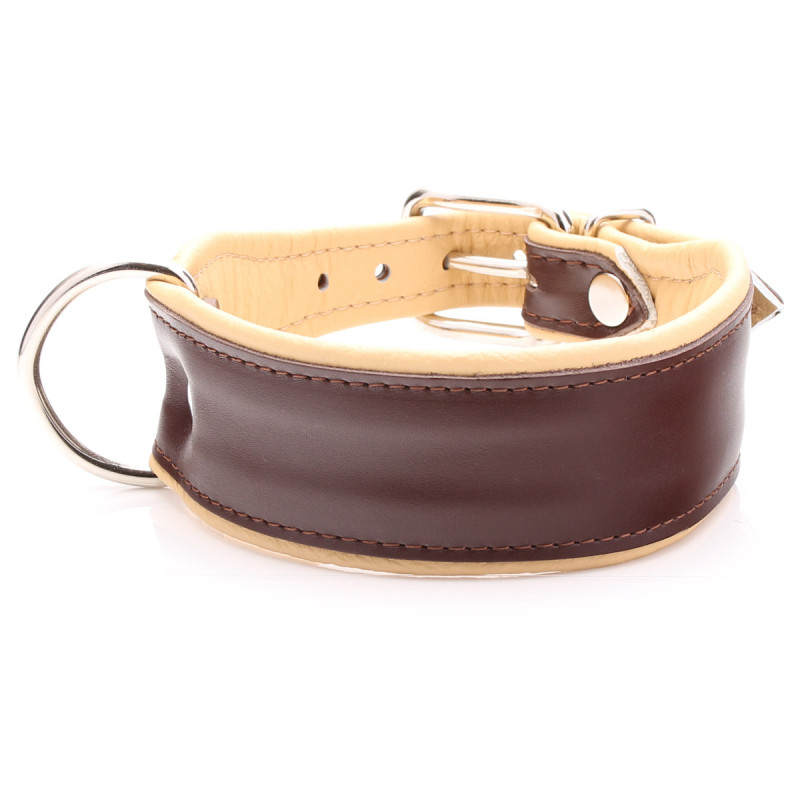 Extra Large Wide Brown Leather Dog Collar with Soft Beige Padding