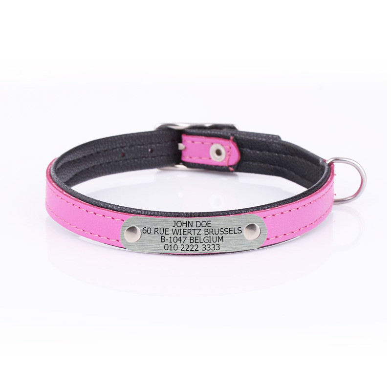 Pink Leather Dog Collar with Attached Dog Tag
