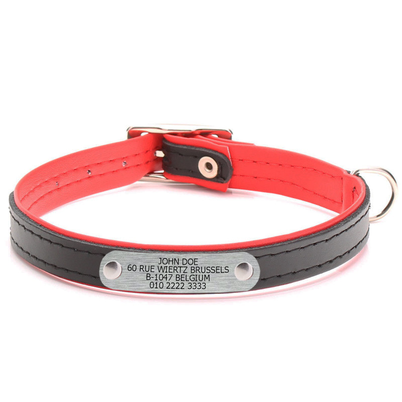 Black & Red Leather Dog Collar with Nameplate Personalised with