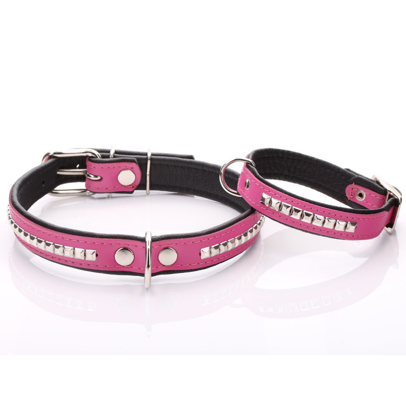 Pink Leather Dog Collar with Metal Hardware