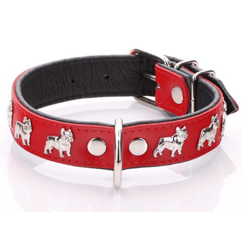 Red Leather French Bulldog Collar with padding