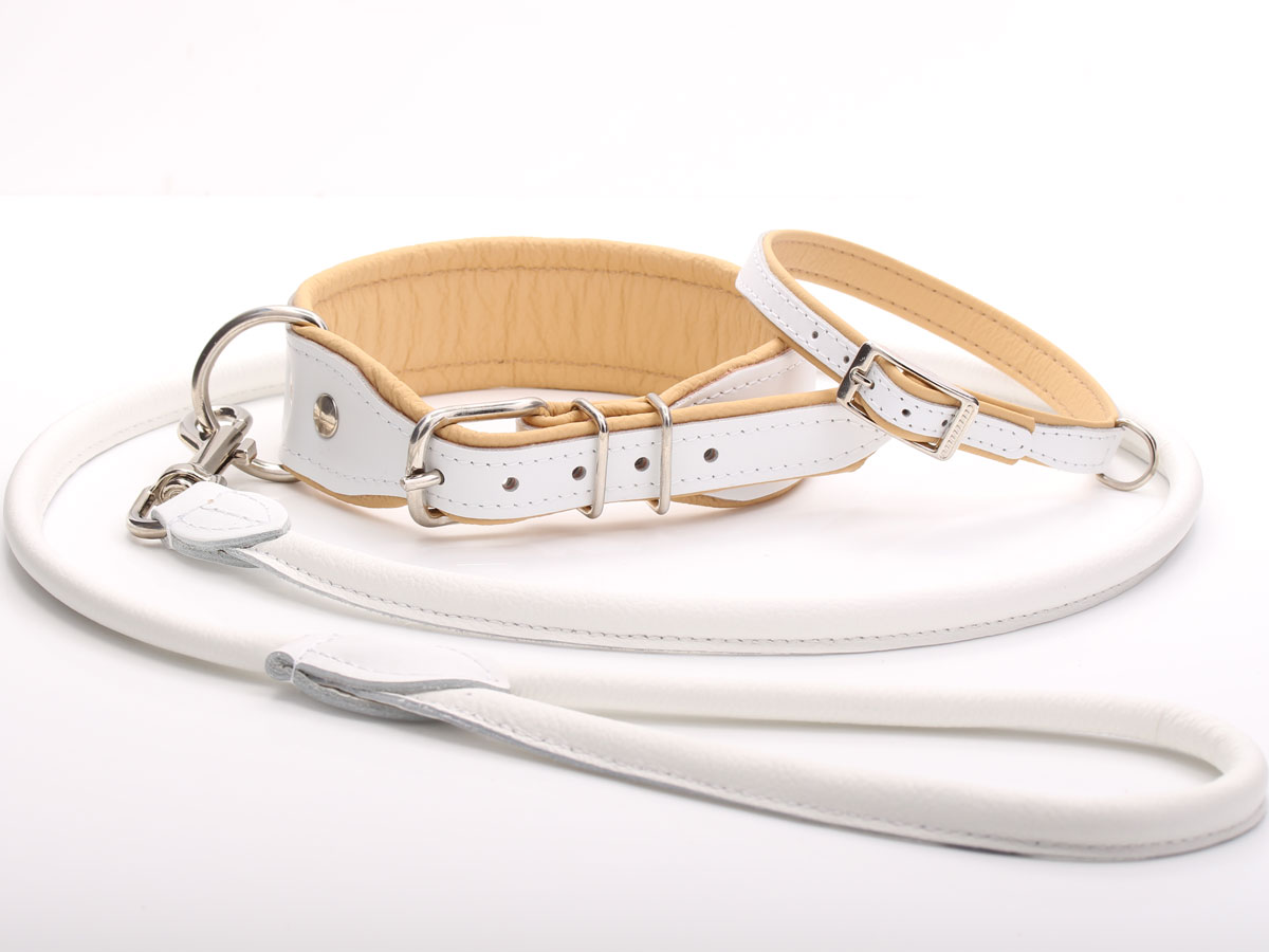 Matching White & Beige Leather Dog Collar & Lead Set