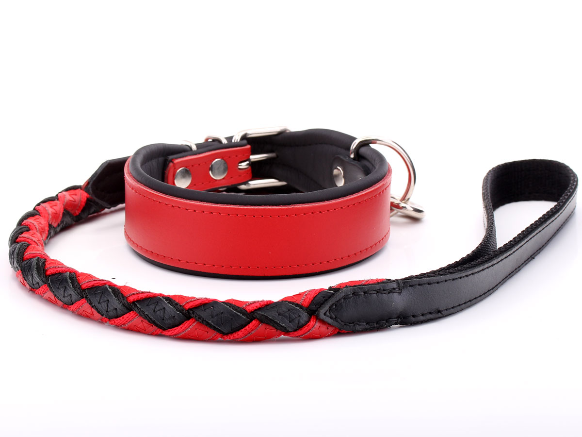 Wide Thick Red Leather Dog Collar & Braided Lead Set