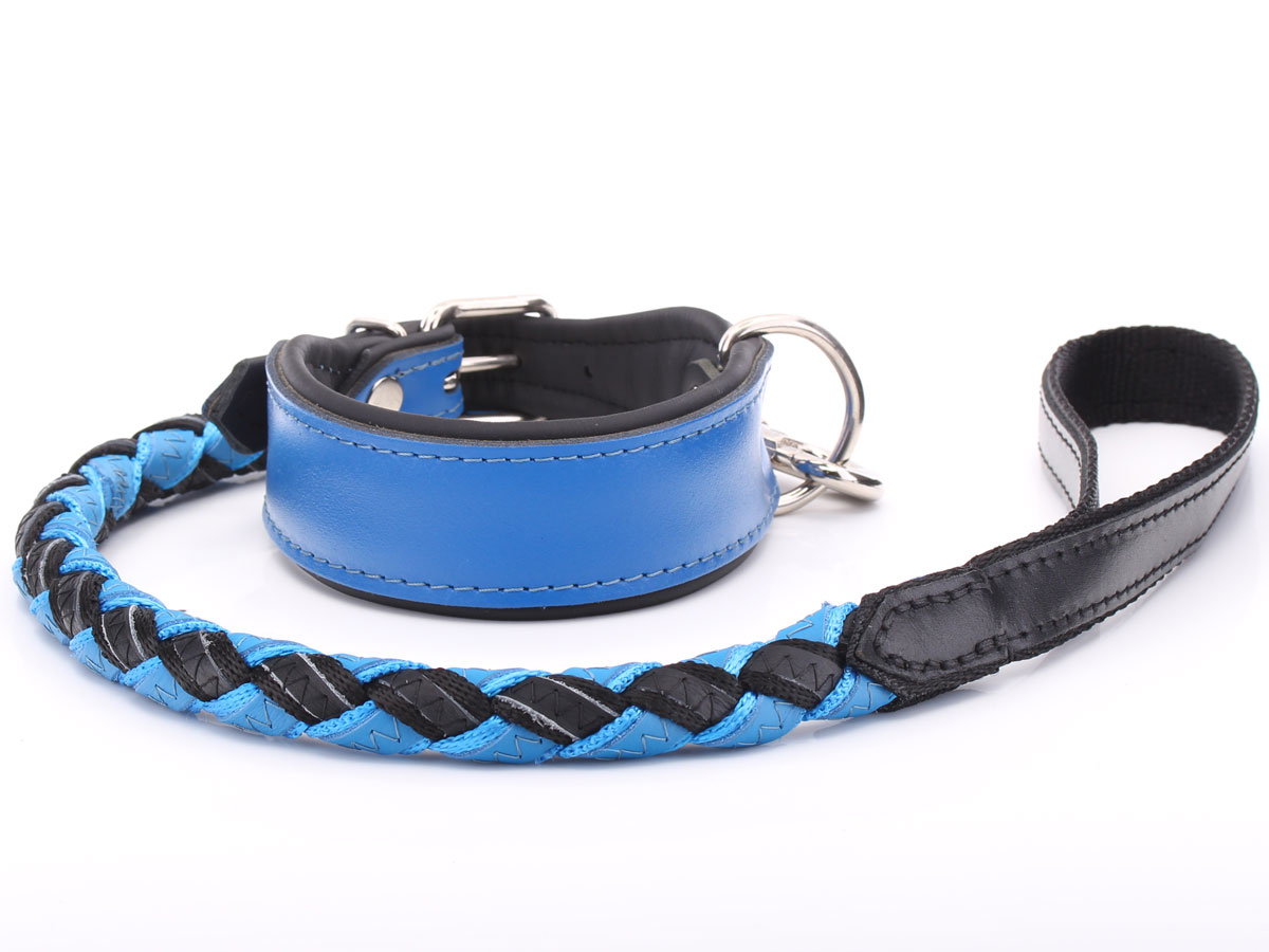 Thick Blue Leather Dog Collar & Braided Lead Set