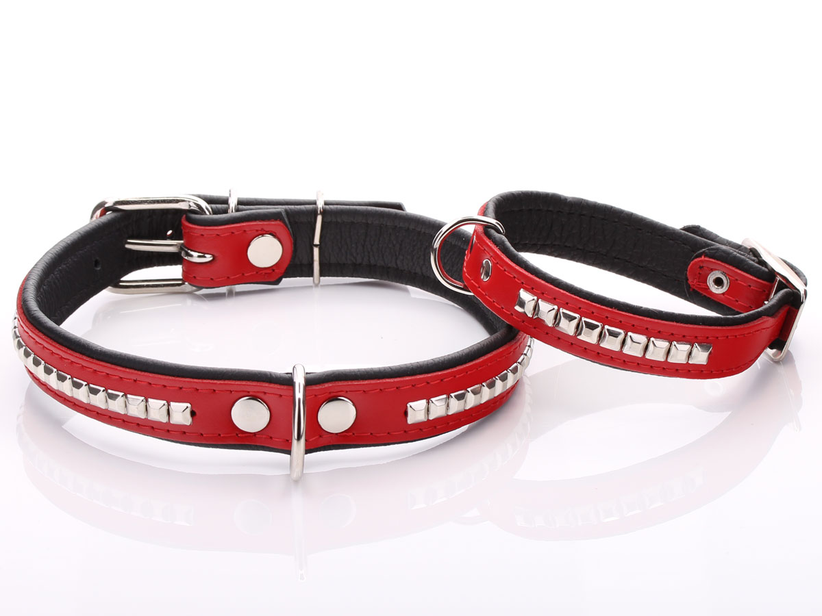 Red Genuine Leather Dog Collar with Metal Hardware