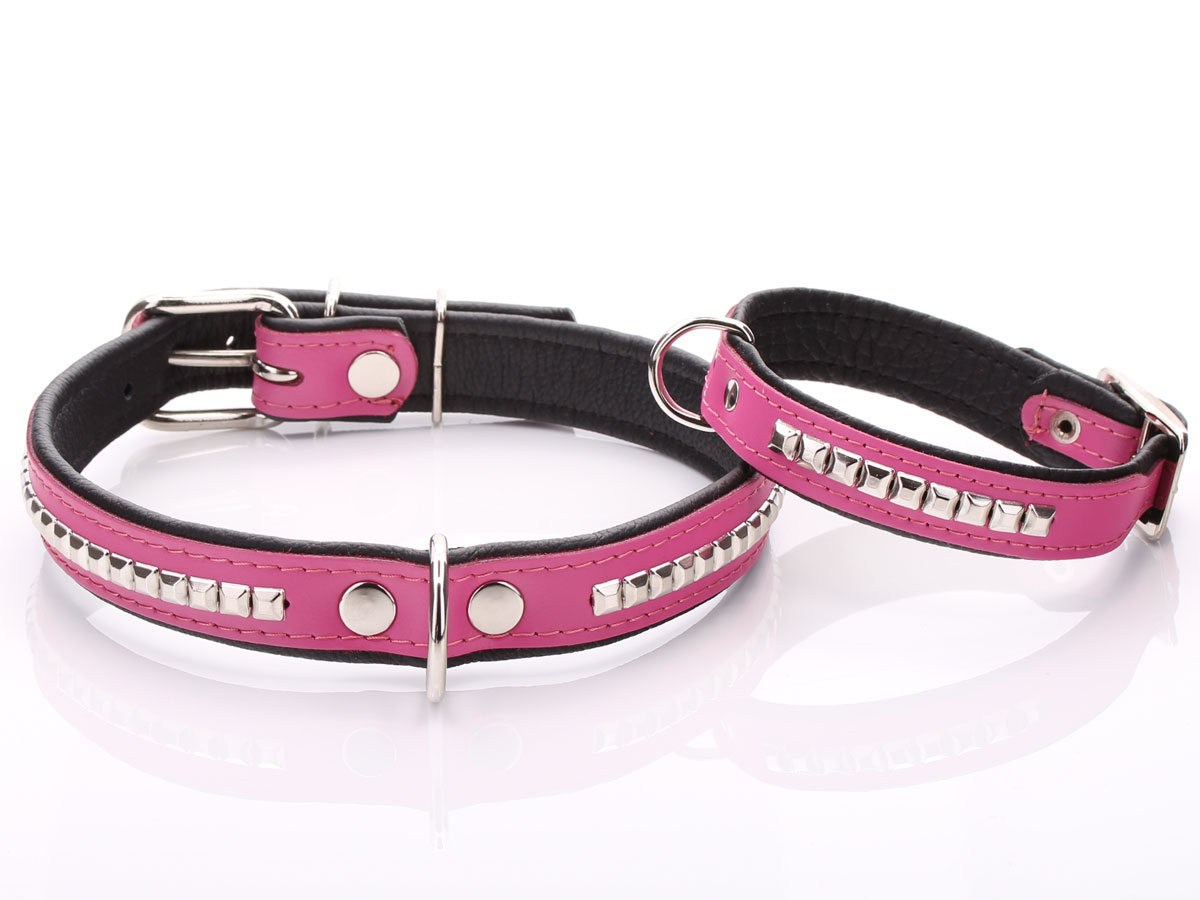 Pink Leather Dog Collar with Metal Hardware