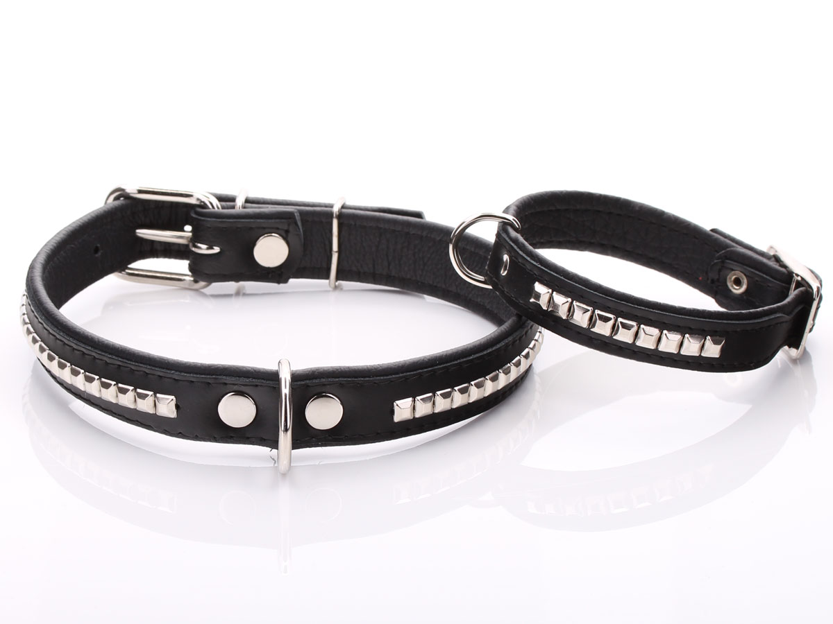 Black Leather Dog Collar with Metal Hardware