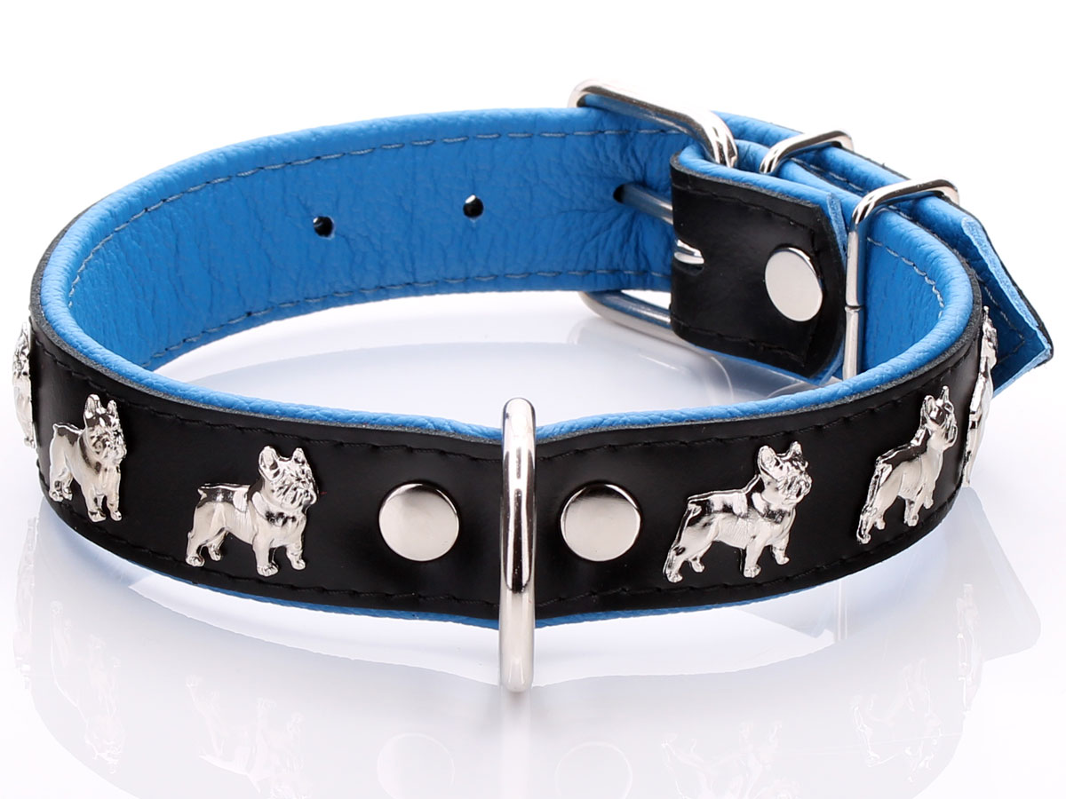 Black & Blue Soft Padded leather French Bulldog Collar