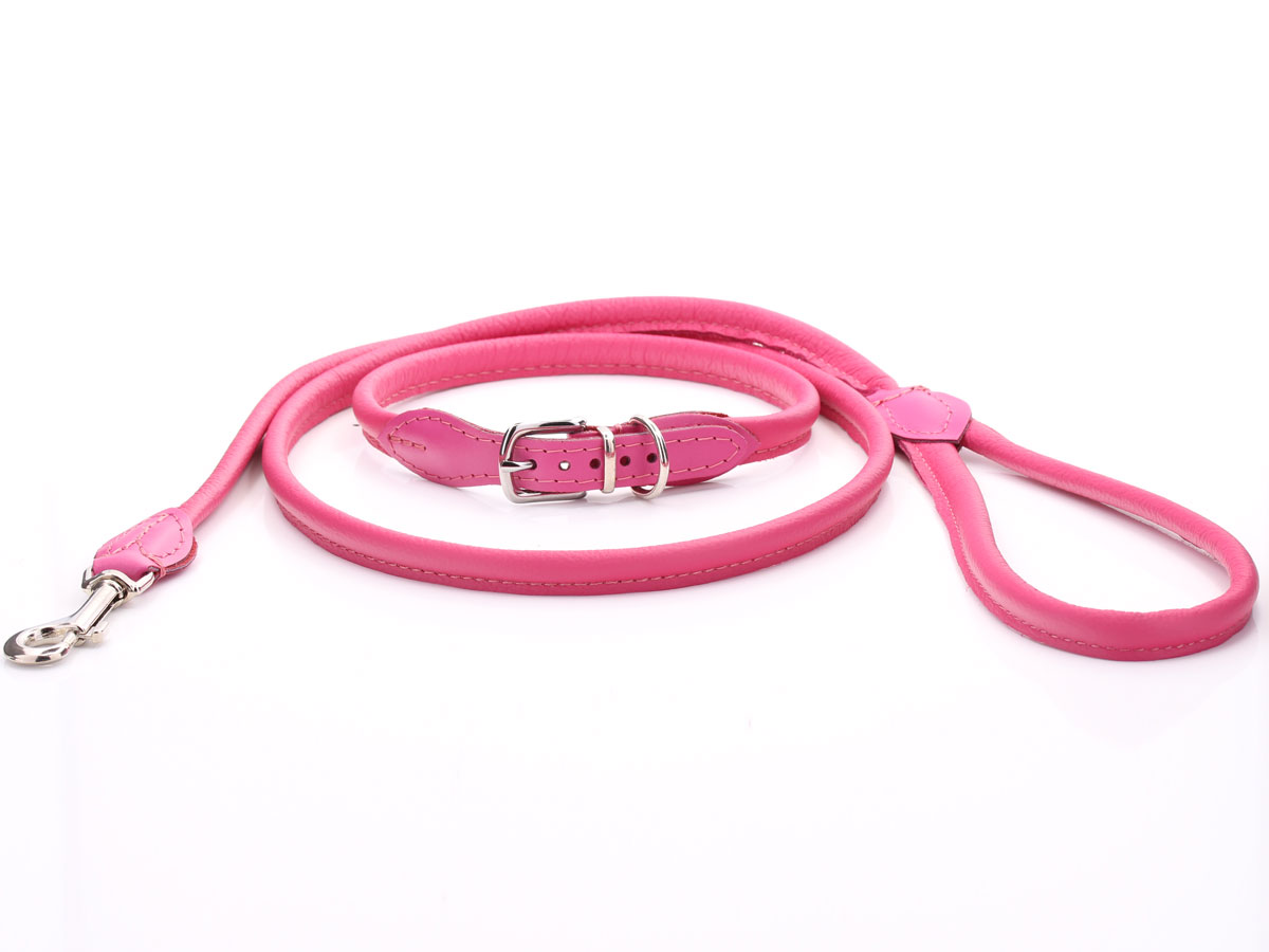 Soft rolled pink calf skin leather dog collar and 120cm lead set