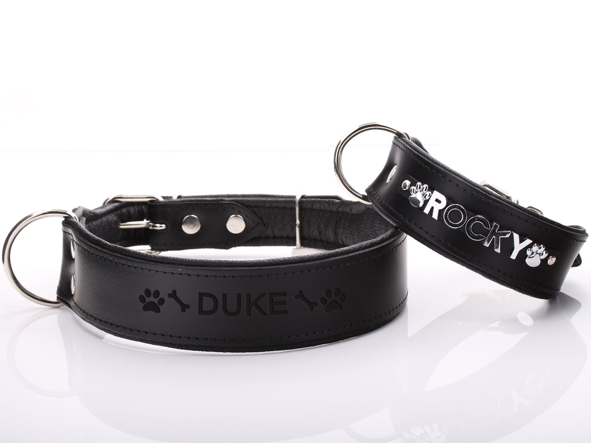 Extra Large Wide Black Leather Dog Collar Option to Customise
