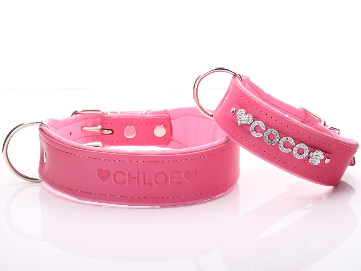 2 Inch Wide, Padded Baby Pink Leather Dog Collar
