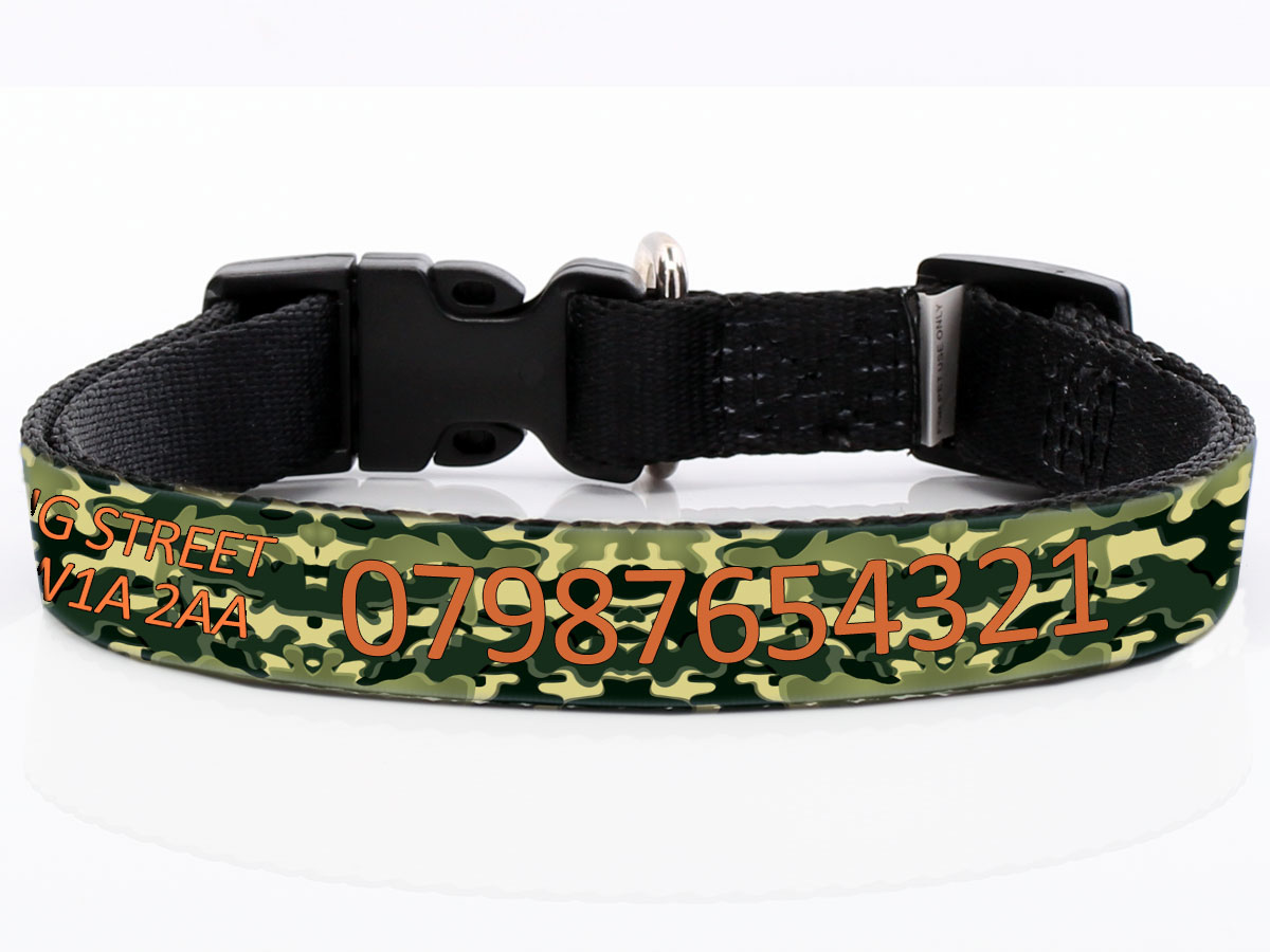 Personalised Dog Collar. Camouflage for hunting dogs. Phone, name and