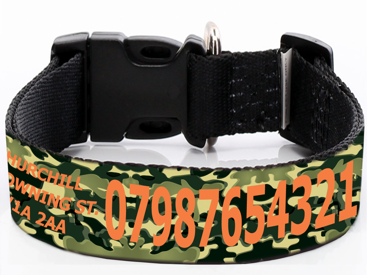 Personalised Wide Camo Dog Collar with Printed Name, Phone & Address
