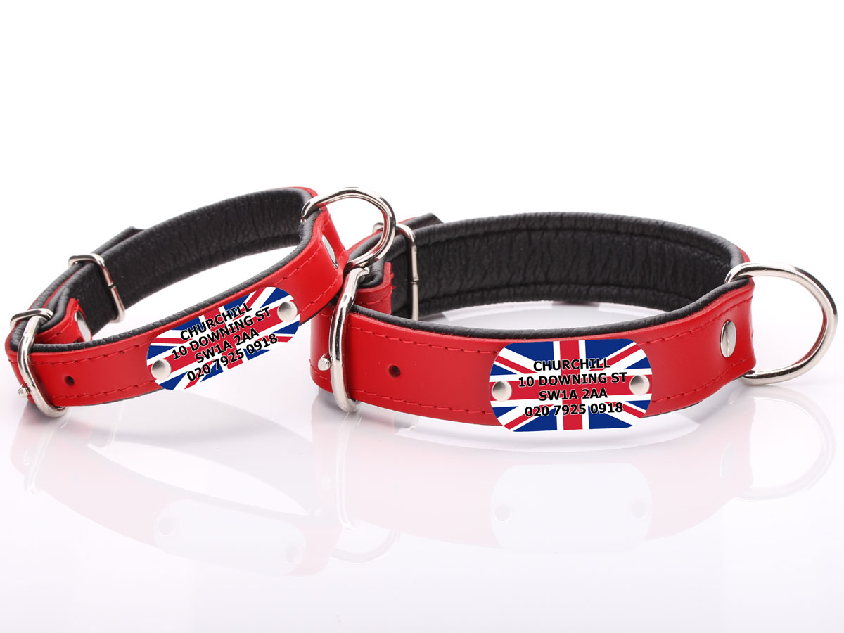 Genuine Leather Dog Collar with British Union Jack Nameplate
